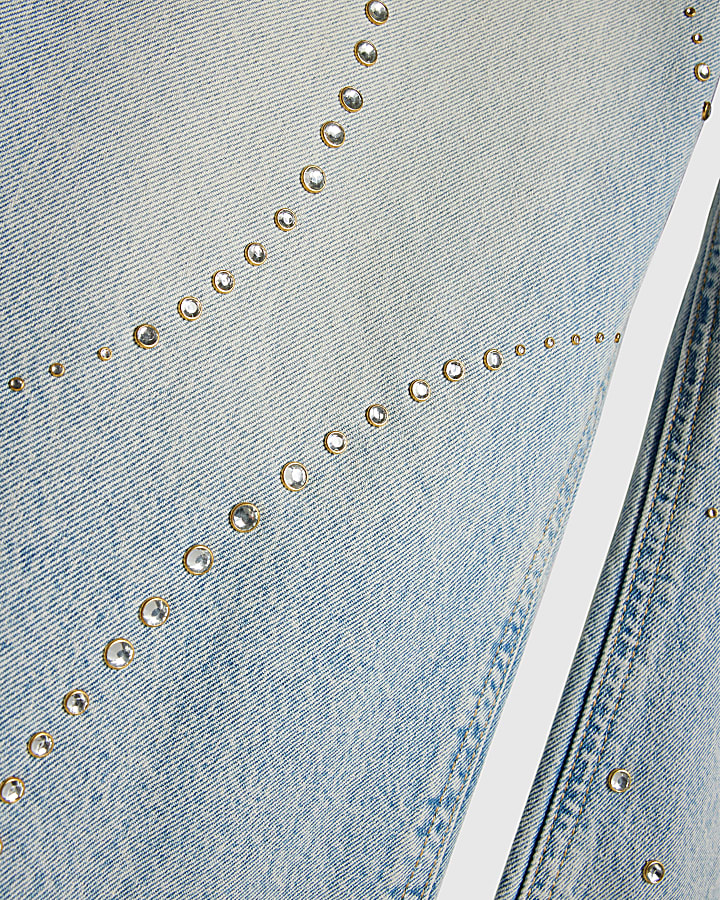 Girls Blue Diamante Wide Leg Jeans