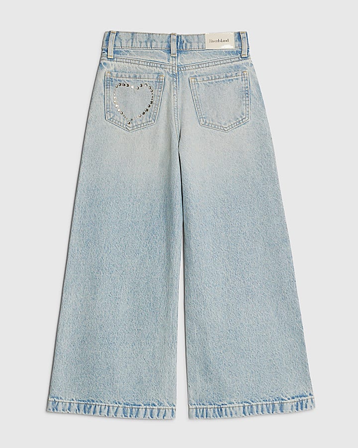 Girls Blue Diamante Wide Leg Jeans