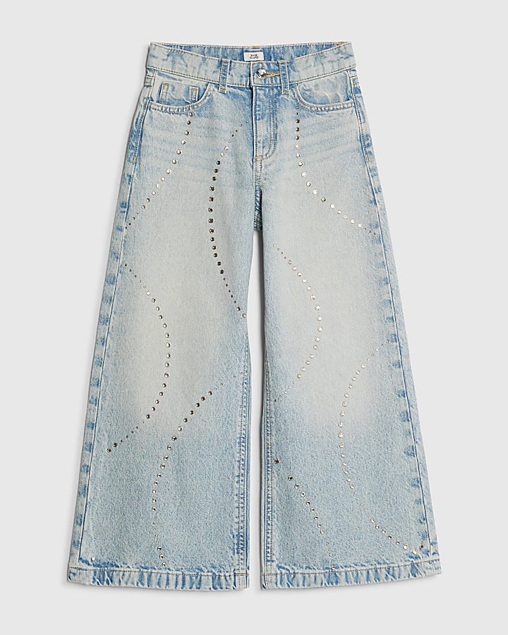 Girls Blue Diamante Wide Leg Jeans