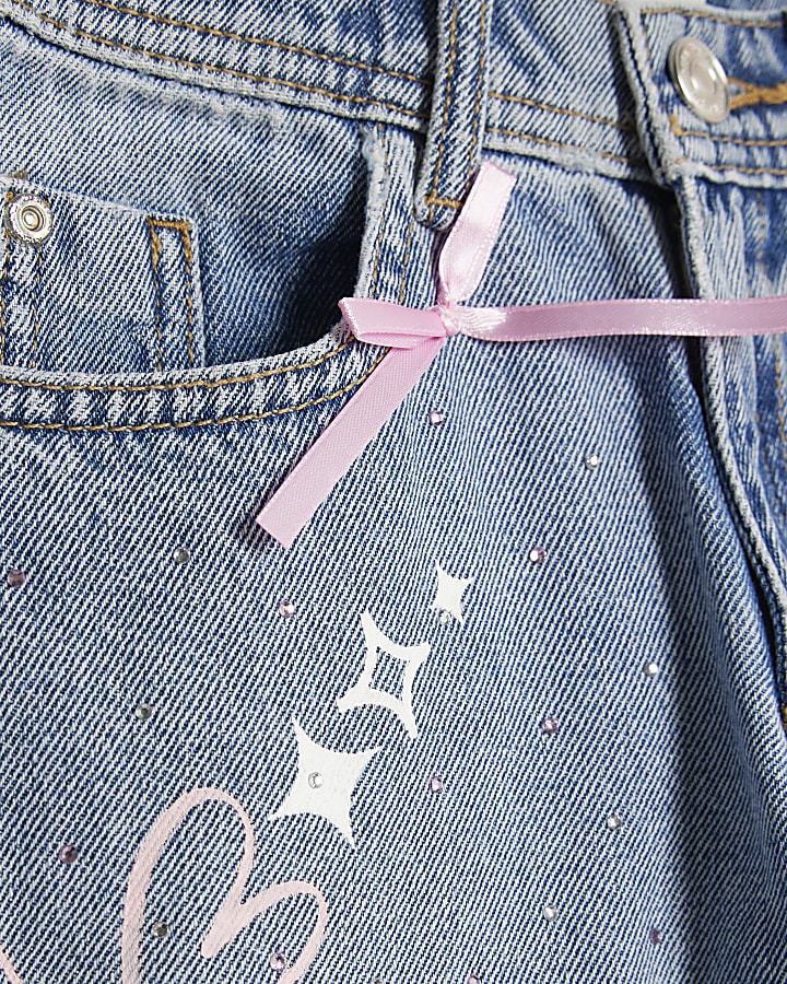 Girls Blue Bow Graffiti Wide Leg Jeans