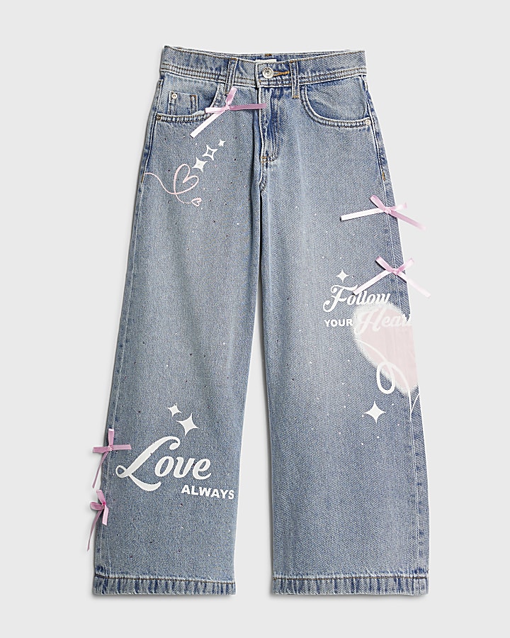 Girls Blue Bow Graffiti Wide Leg Jeans