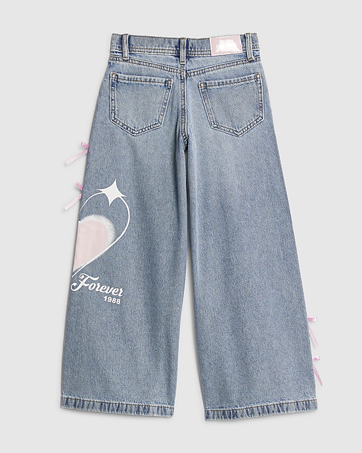 Girls Blue Bow Graffiti Wide Leg Jeans
