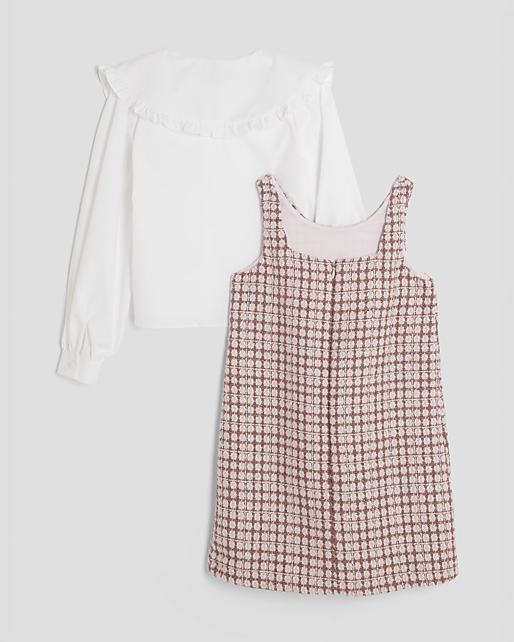 Girls Pink Boucle Pinafore Dress Set