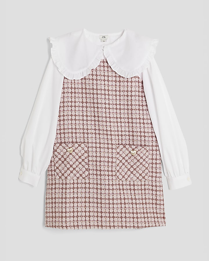Girls Pink Boucle Pinafore Dress Set