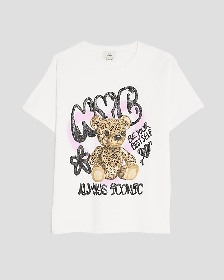 Girls White NYC Graffiti Bear T-Shirt