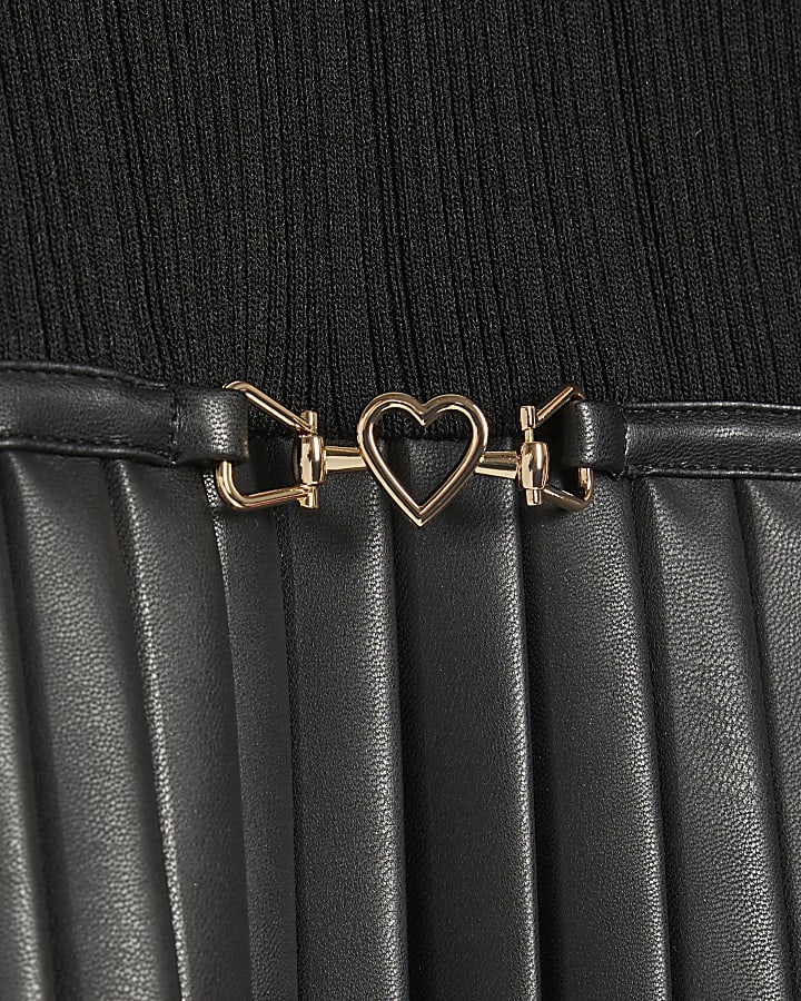 Mini Girls Black Faux Leather Pleated Dress