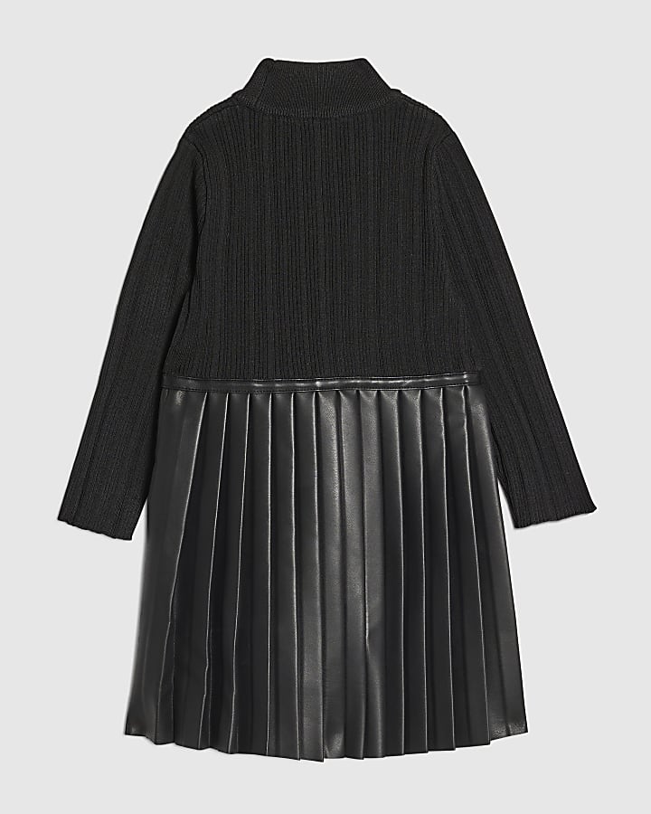 Mini Girls Black Faux Leather Pleated Dress