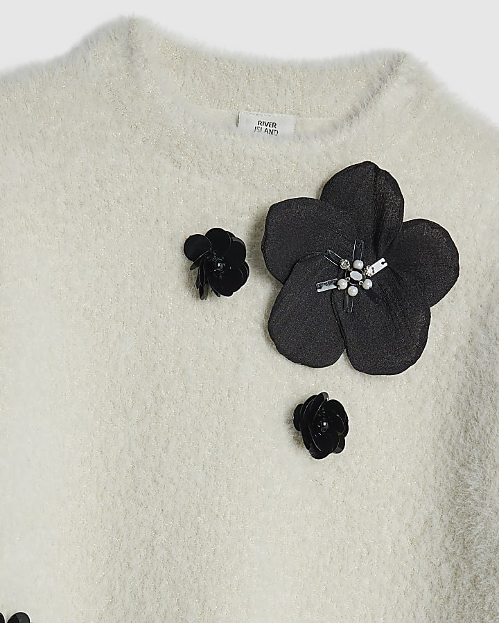 Girls Cream Fluffy Flower Skirt Set