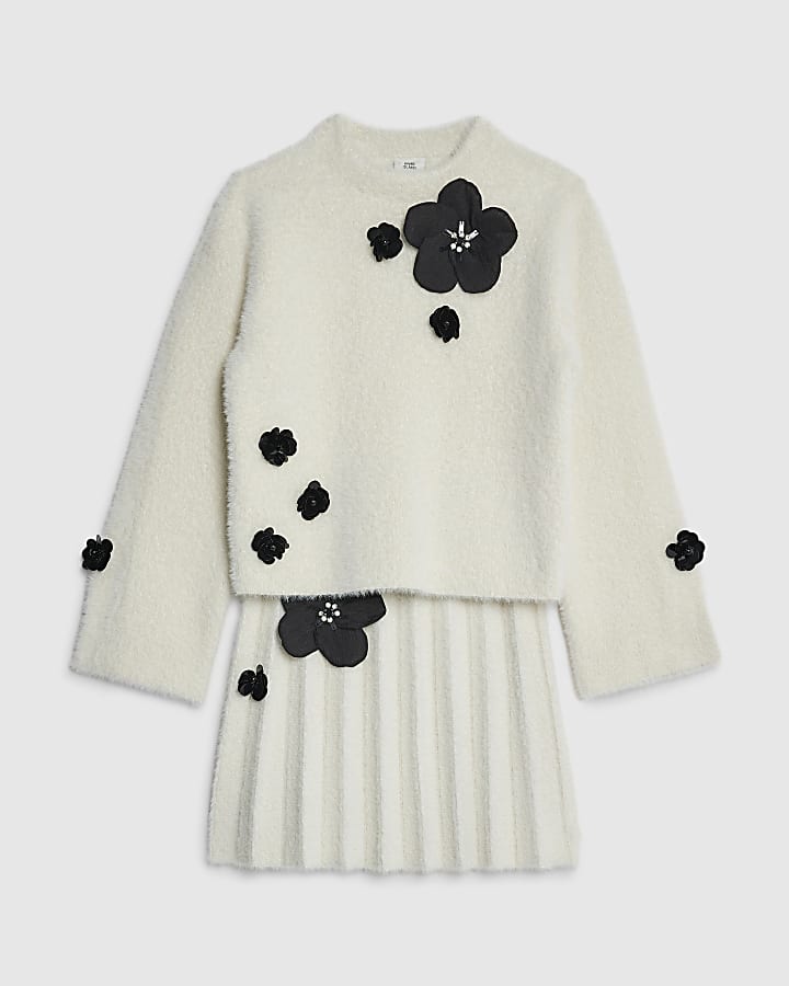 Girls Cream Fluffy Flower Skirt Set