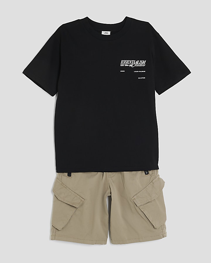 Boys Black T-Shirt and Cargo Shorts Set