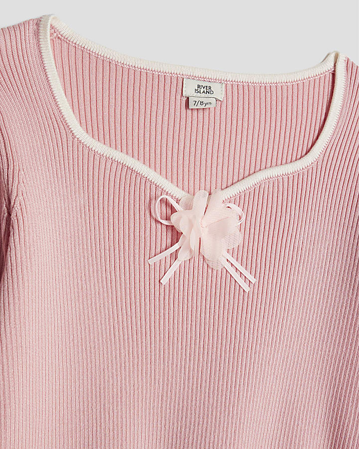 Girls Pink 3D Floral Bow Jumper Set