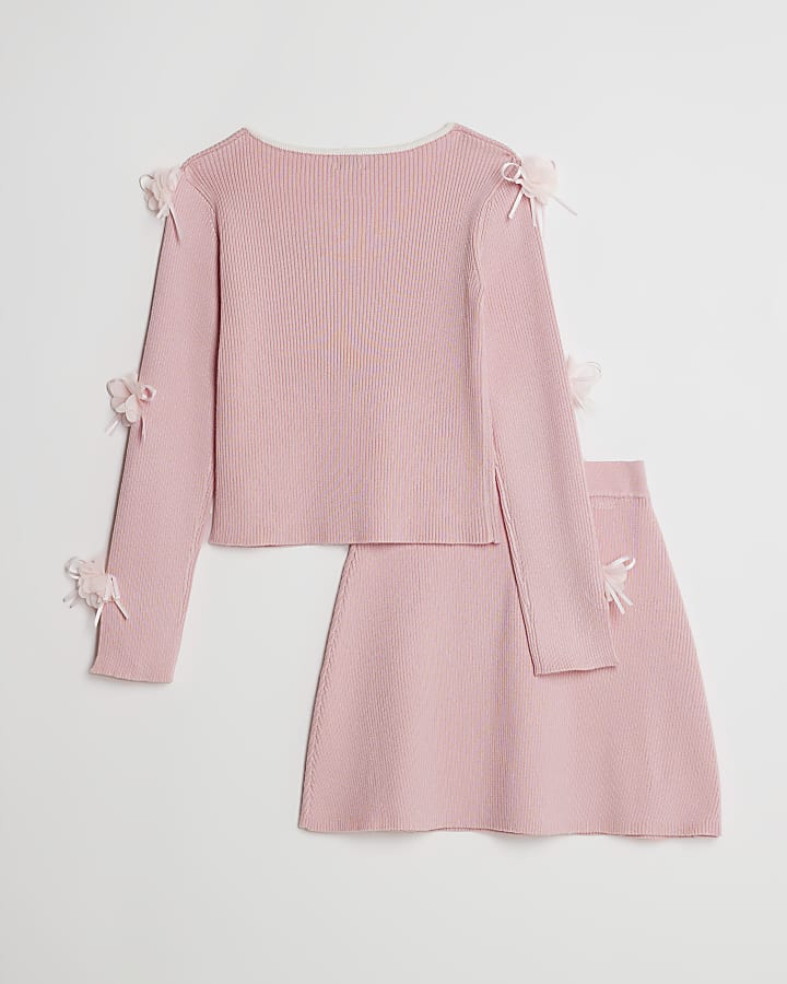 Girls Pink 3D Floral Bow Jumper Set