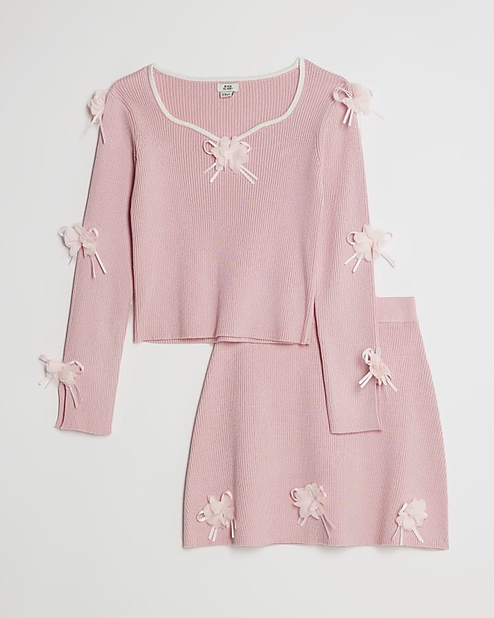 Girls Pink 3D Floral Bow Jumper Set