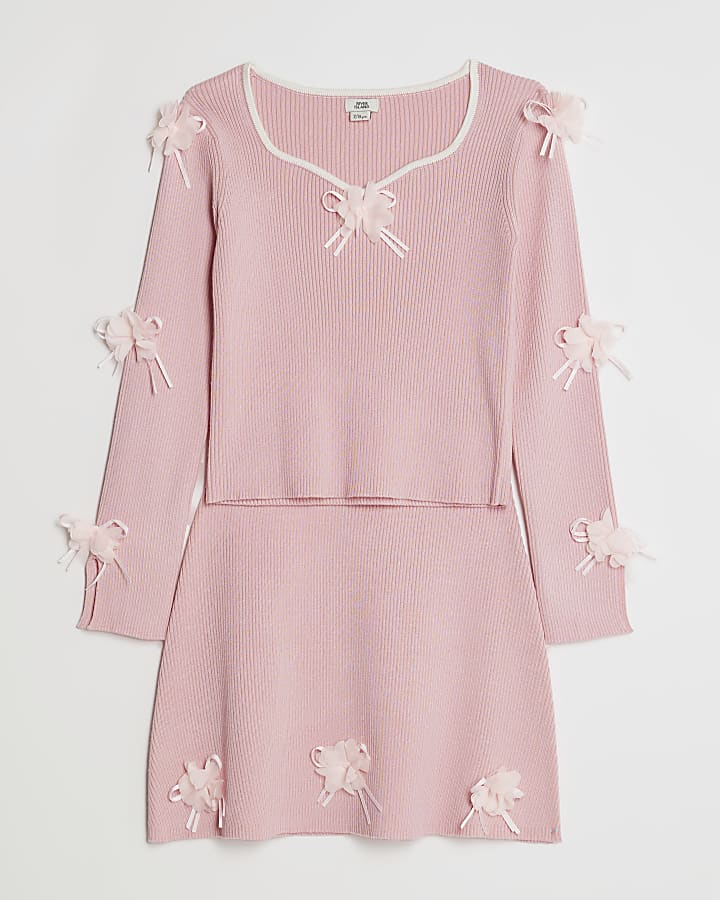 Girls Pink 3D Floral Bow Jumper Set