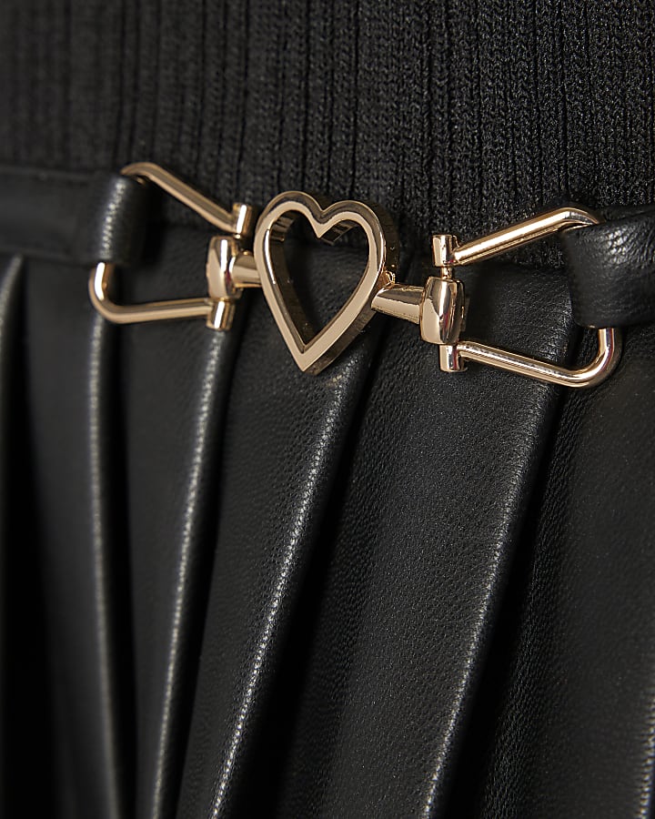 Girls Black Faux Leather Pleated Dress