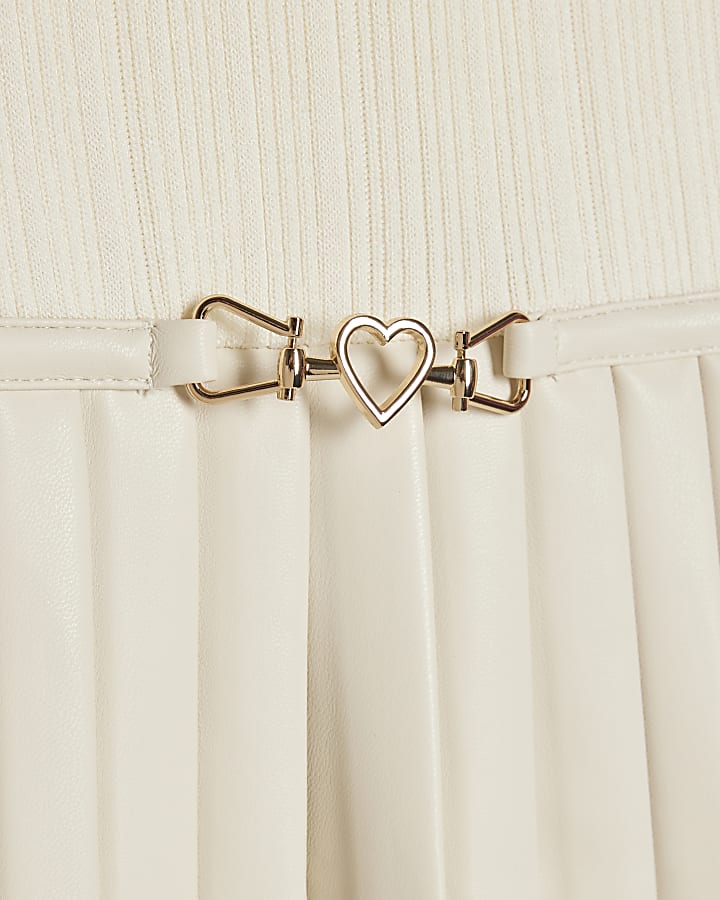 Girls Cream Faux Leather Pleated Dress