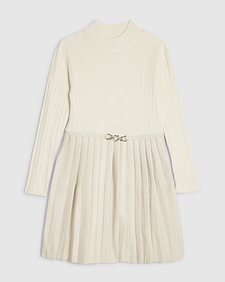 Girls Cream Faux Leather Pleated Dress