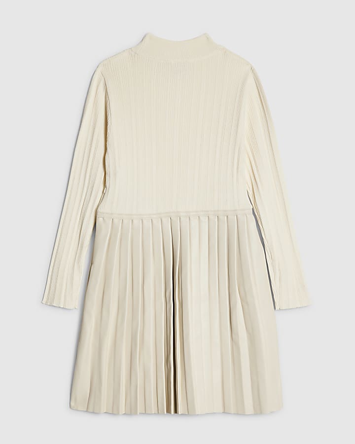 Girls Cream Faux Leather Pleated Dress