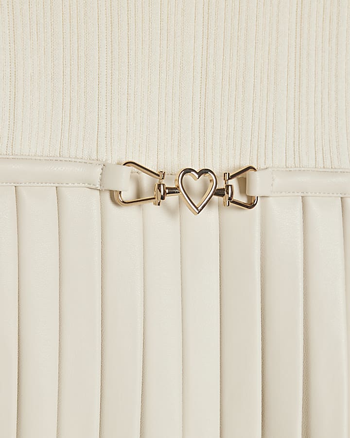 Mini Girls Cream Faux Leather Pleated Dress