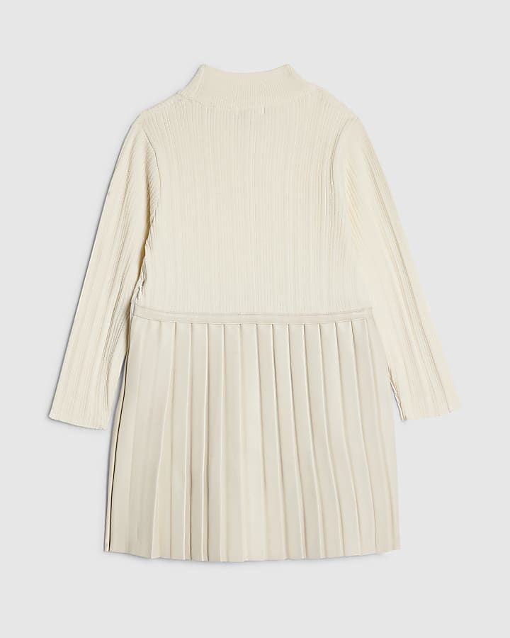Mini Girls Cream Faux Leather Pleated Dress