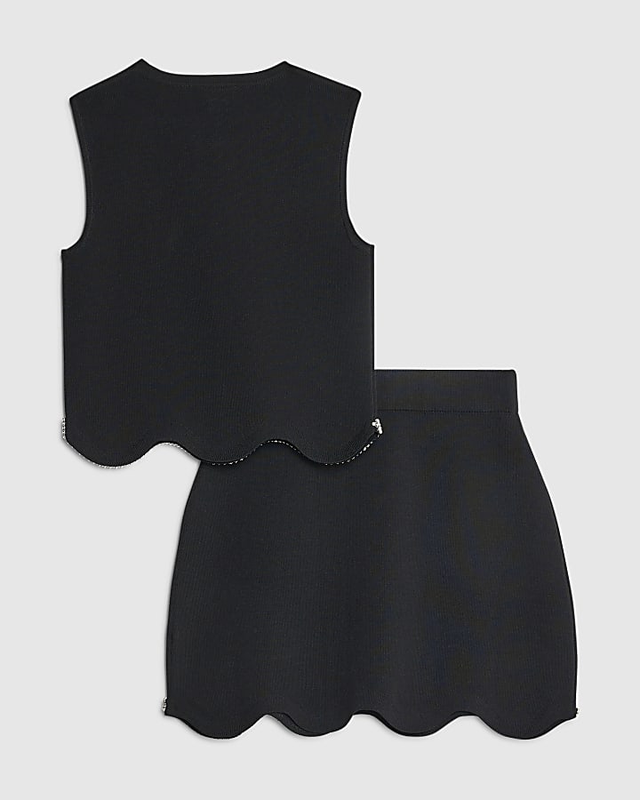 Girls Black Scallop Trim Skirt Set