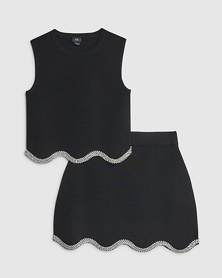 Girls Black Scallop Trim Skirt Set