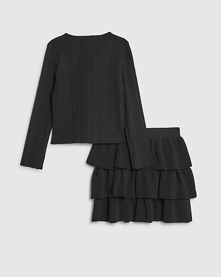 Girls Black Corsage Cardigan Set