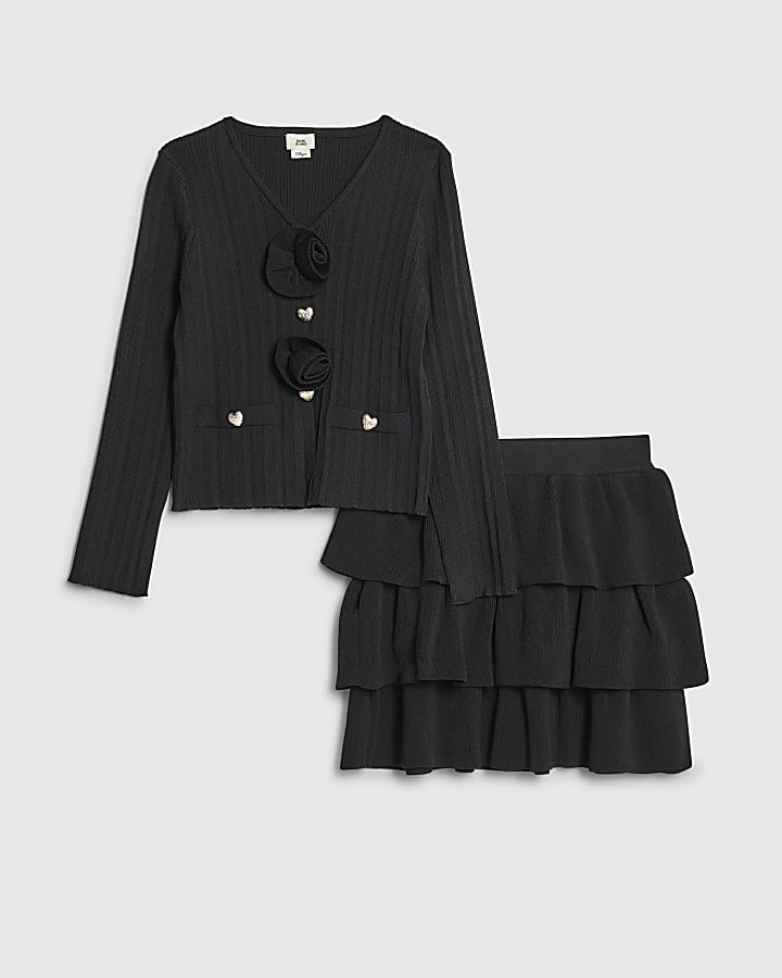 Girls Black Corsage Cardigan Set