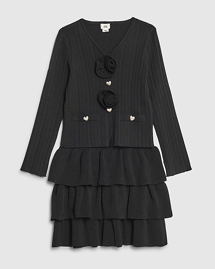 Girls Black Corsage Cardigan Set