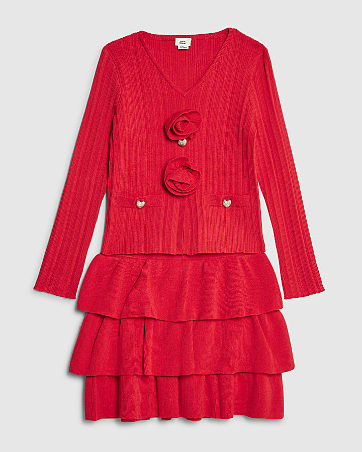 Girls Red Corsage Cardigan Set