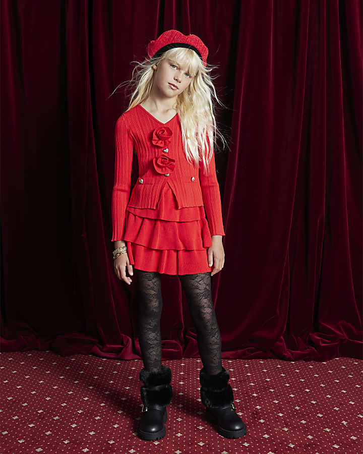 Girls Red Corsage Cardigan Set