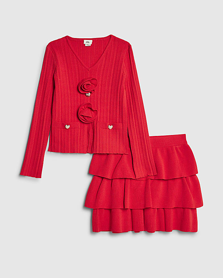 Girls Red Corsage Cardigan Set