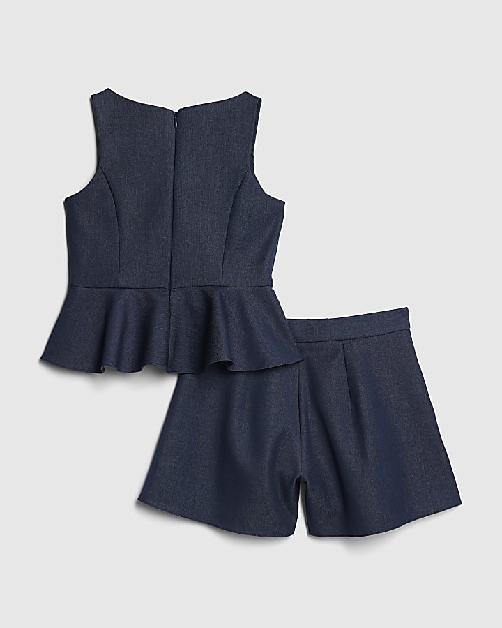 Girls Navy Denim Peplum Top And Shorts Set