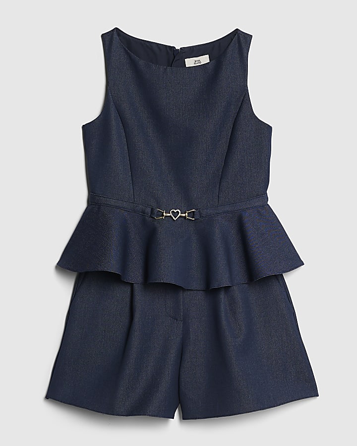 Girls Navy Denim Peplum Top And Shorts Set