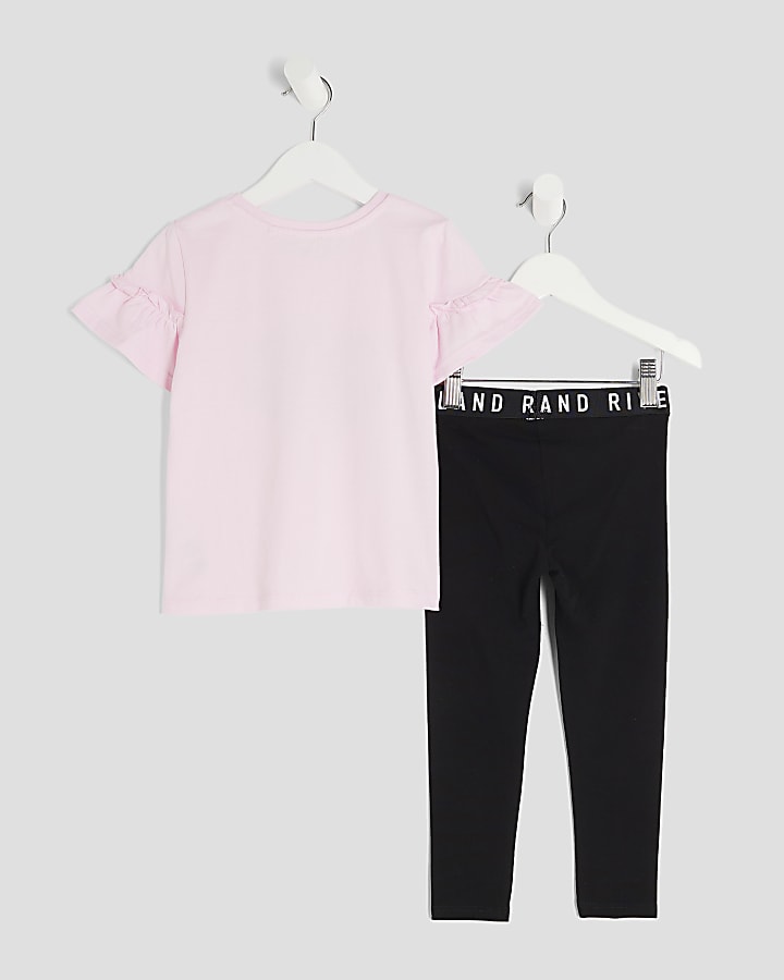 Mini Girls Pink Frill Sleeve Bow T-Shirt Set