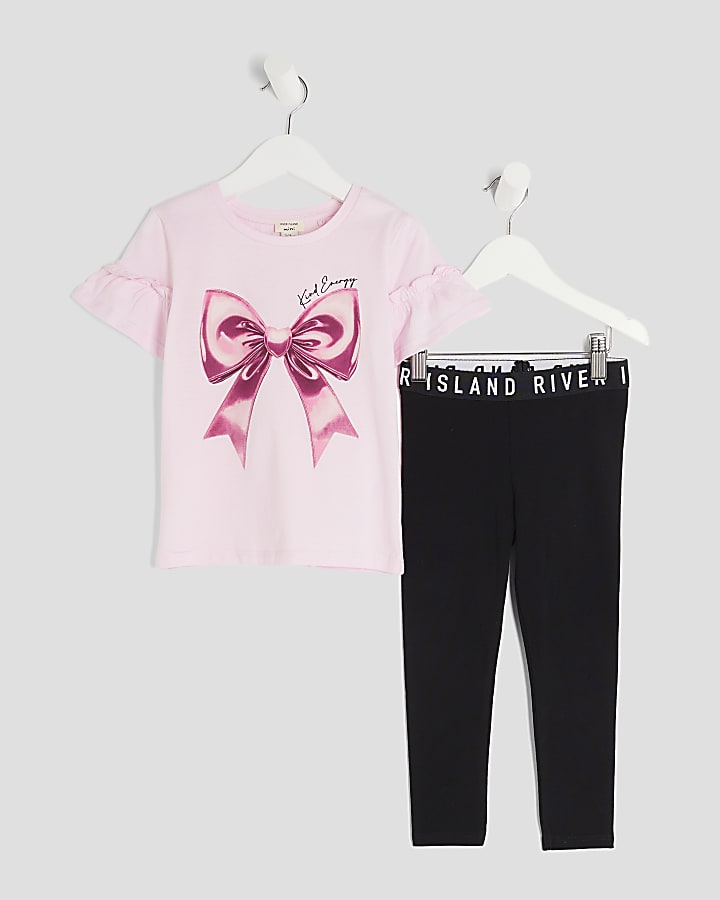 Mini Girls Pink Frill Sleeve Bow T-Shirt Set