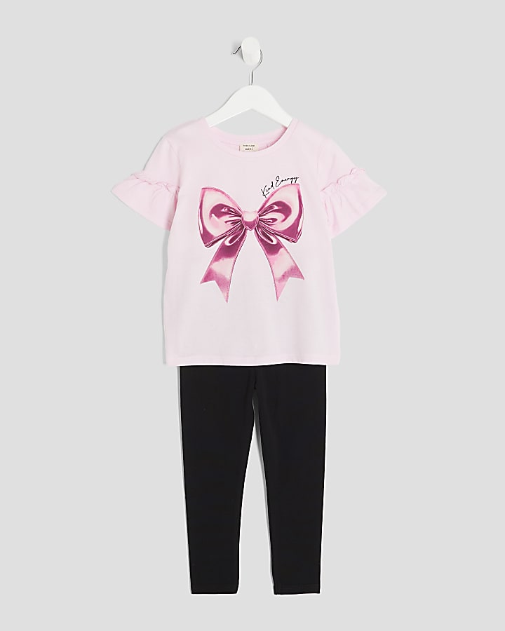 Mini Girls Pink Frill Sleeve Bow T-Shirt Set