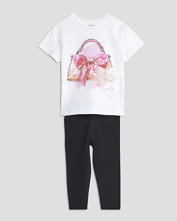 Mini Girls White Handbag Graphic T-Shirt Set
