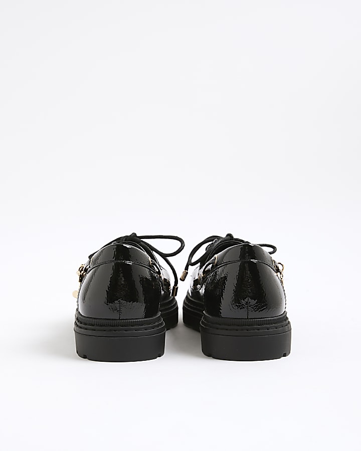Girls Black Lace Up Charm Boat Shoes