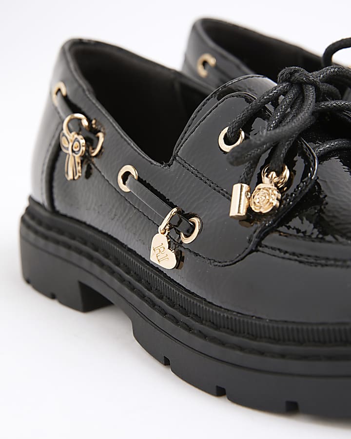 Girls Black Lace Up Charm Boat Shoes