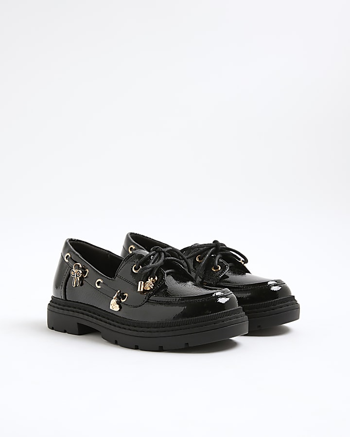 Girls Black Lace Up Charm Boat Shoes