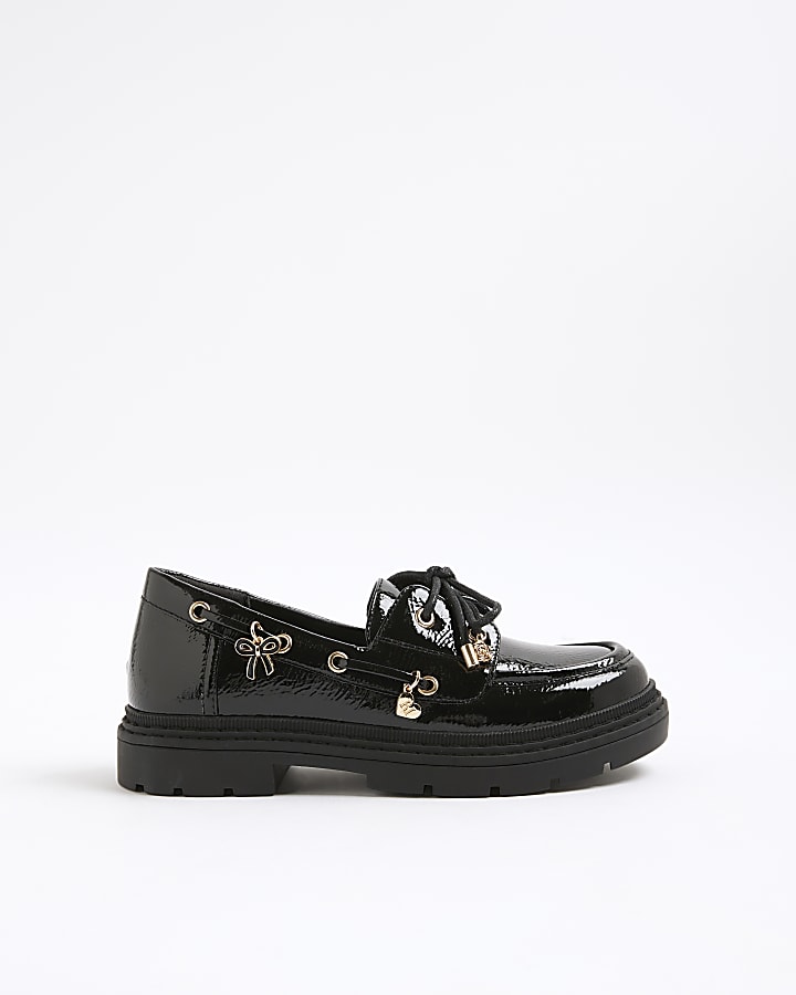 Girls Black Lace Up Charm Boat Shoes