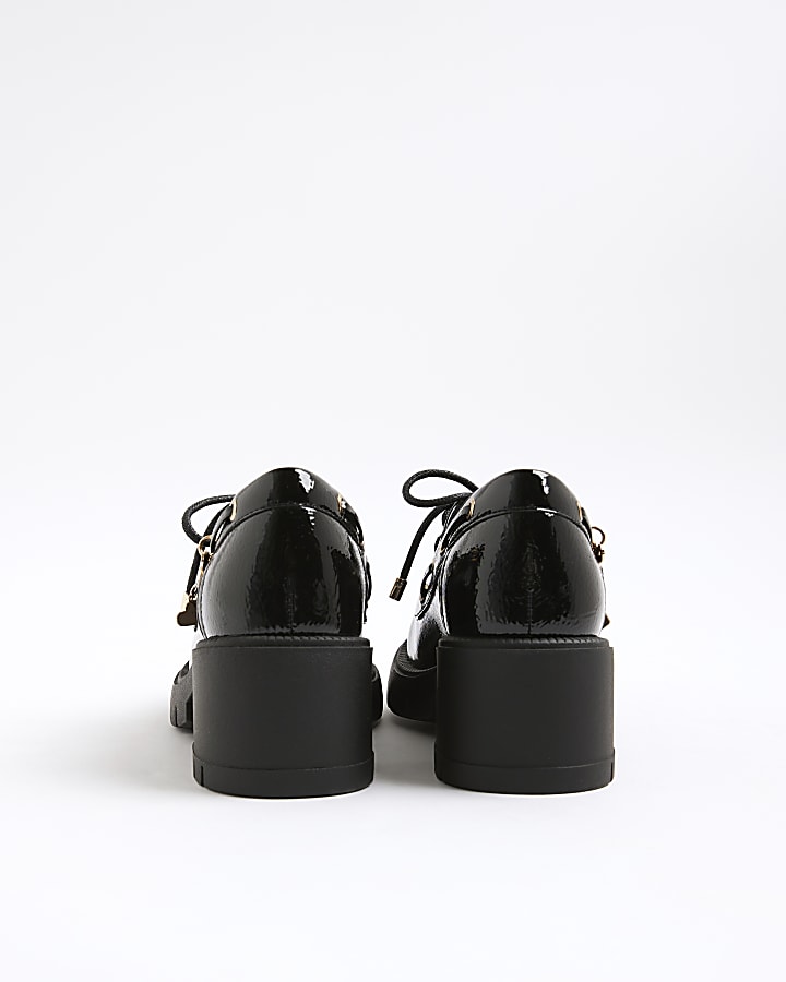 Girls Black Lace Up Heeled Charm Boat Shoes