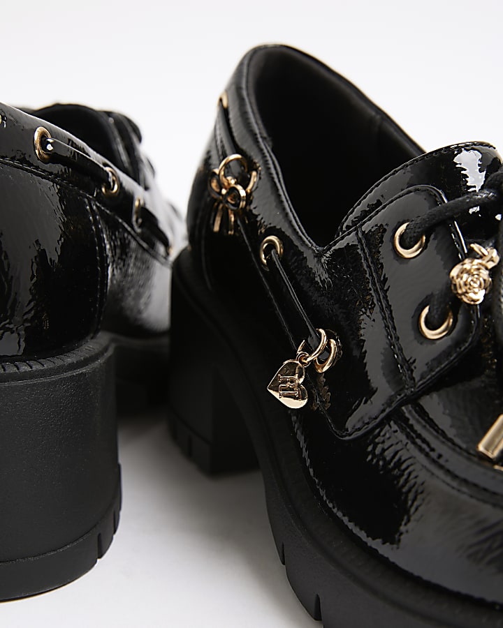 Girls Black Lace Up Heeled Charm Boat Shoes