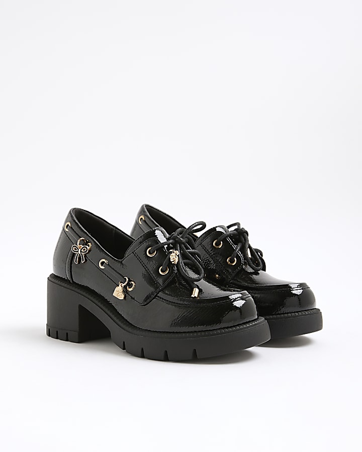 Girls Black Lace Up Heeled Charm Boat Shoes