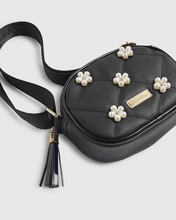 Girls Black Pearl Floral Curve Cross Body Bag
