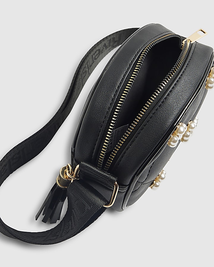 Girls Black Pearl Floral Curve Cross Body Bag