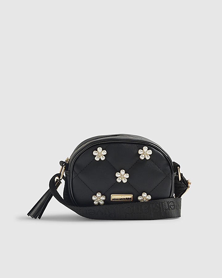 Girls Black Pearl Floral Curve Cross Body Bag