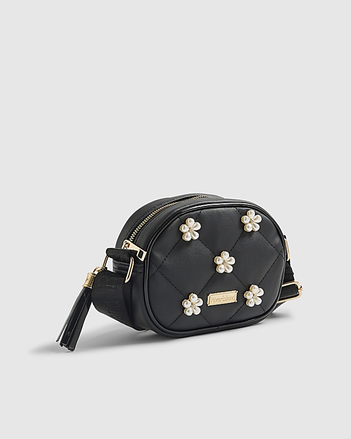 Girls Black Pearl Floral Curve Cross Body Bag