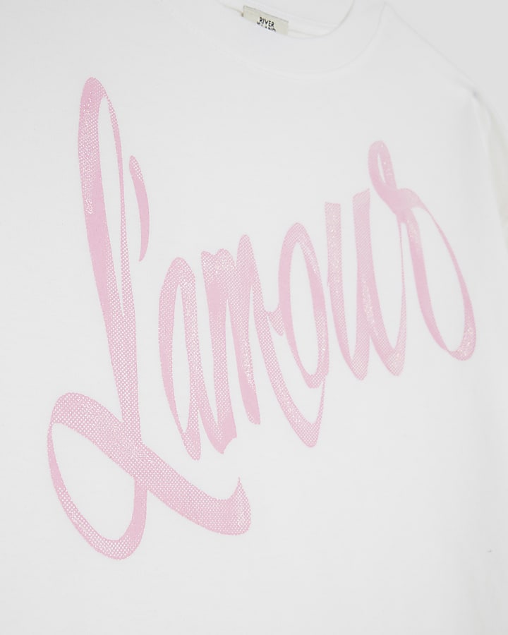 Girls White L'amour Ribbon Crop Top
